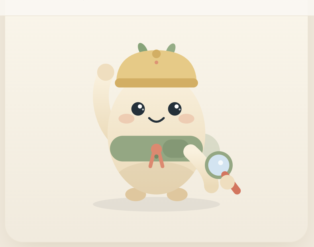 Gigi, the friendly gluten-free explorer mascot, wearing an explorer hat and holding a magnifying glass