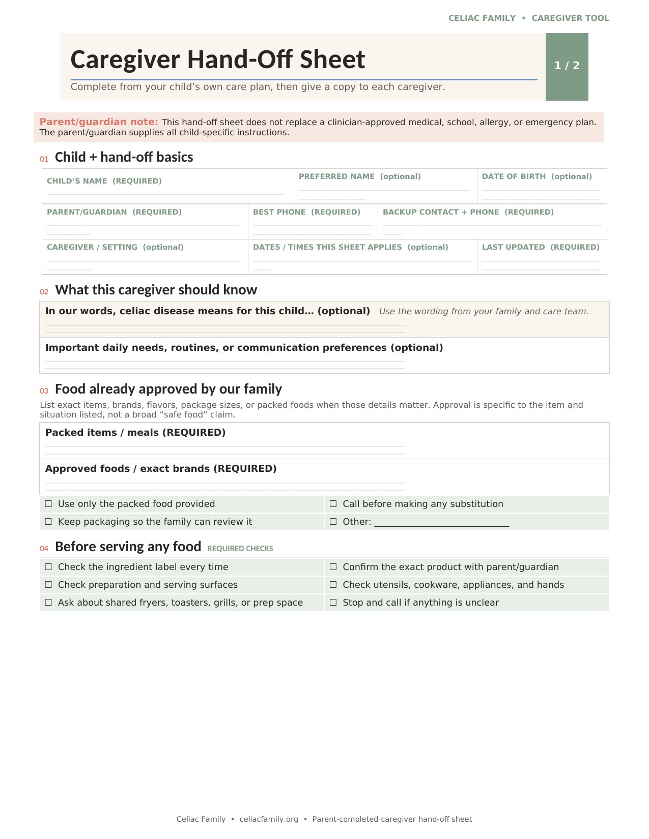 First page of the free Celiac Family Caregiver Hand-Off Sheet — a blank printable form for babysitters, grandparents and teachers