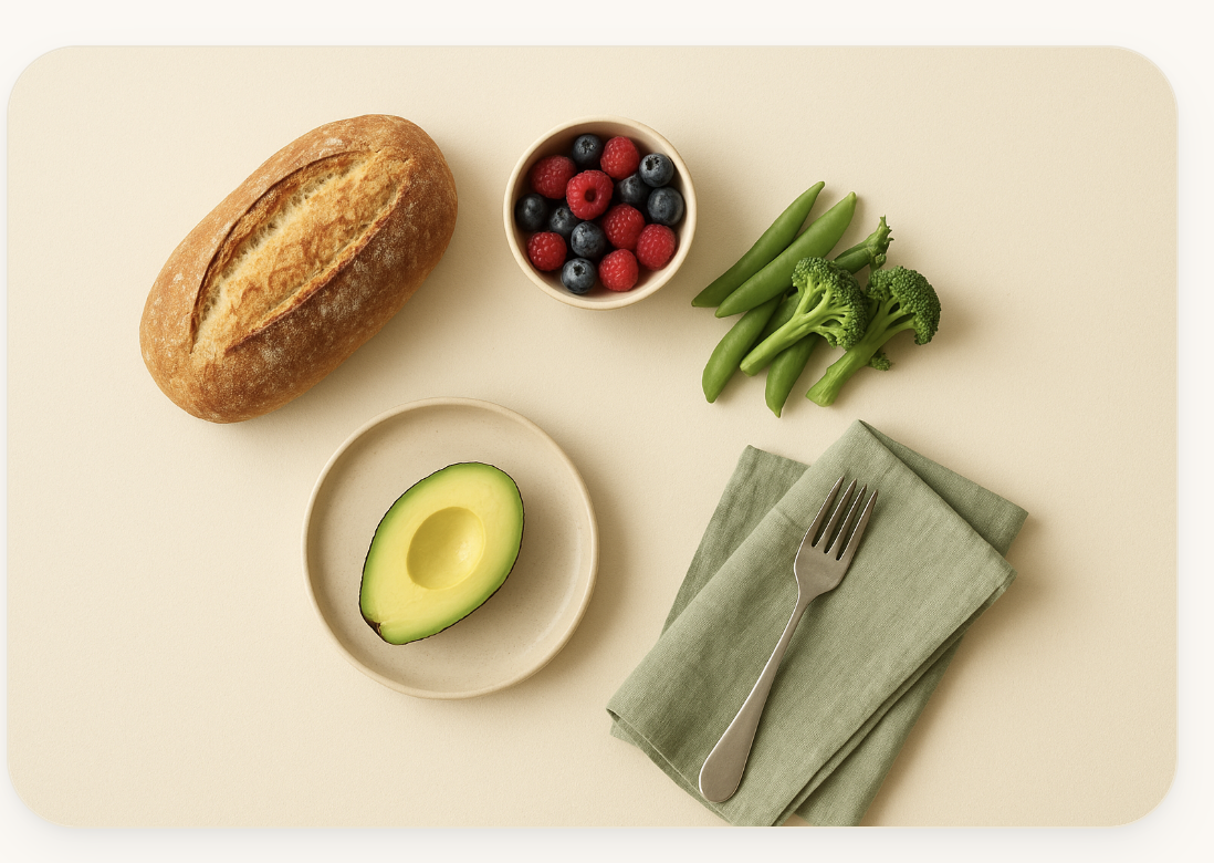 A flatlay of gluten-free foods: bread, fresh berries, green vegetables and avocado with a fork on a napkin